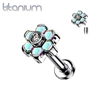 Implant Grade Titanium Internally Threaded Aurora Borealis CZ Flower Flat Back