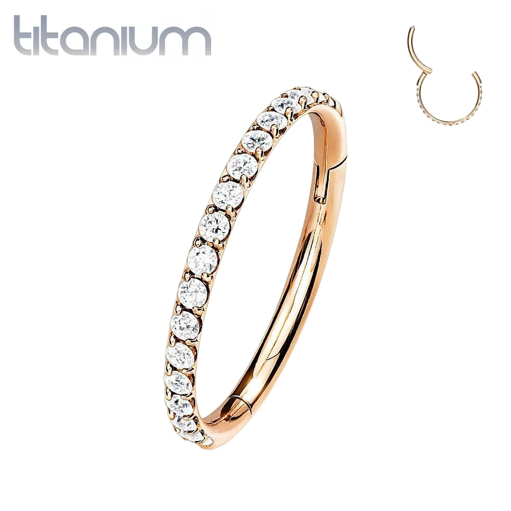 Implant Grade Titanium Rose Gold PVD Easy Hinged White CZ Pave Clicker Hoop