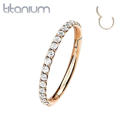 Implant Grade Titanium Rose Gold PVD Easy Hinged White CZ Pave Clicker Hoop