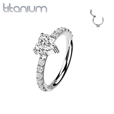 Implant Grade Titanium White CZ With Heart Shaped Center Hinged Clicker Hoop
