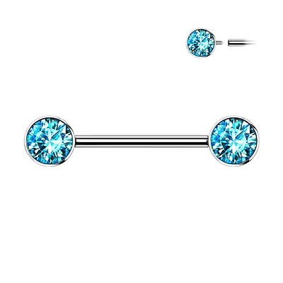 Implant Grade Titanium Nipple Barbell With Internally Threaded Aqua CZ Gems