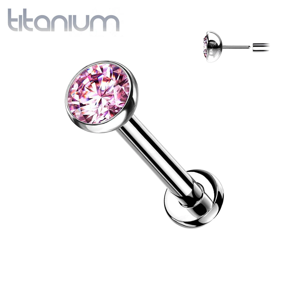 Implant Grade Titanium Threadless Push In Nose Ring Flat Back Bezel Light Baby Pink CZ With Flat Back