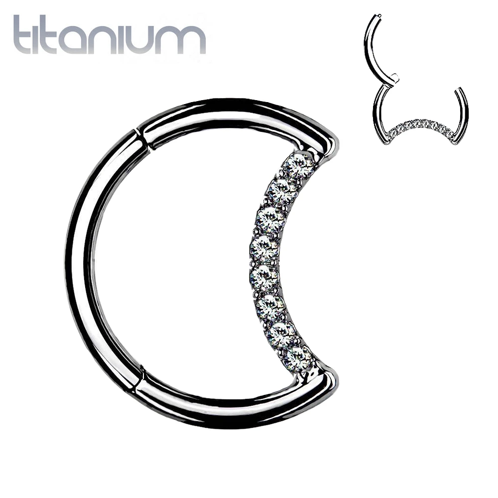 Implant Grade Titanium Crescent Moon White CZ Hinged Clicker Hoop Daith Cartilage Ring