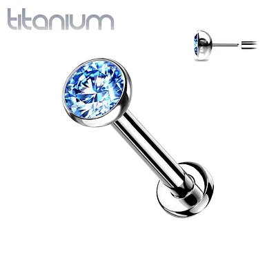 Implant Grade Titanium Threadless Push In Tragus/Cartilage Aqua CZ With Flat Back