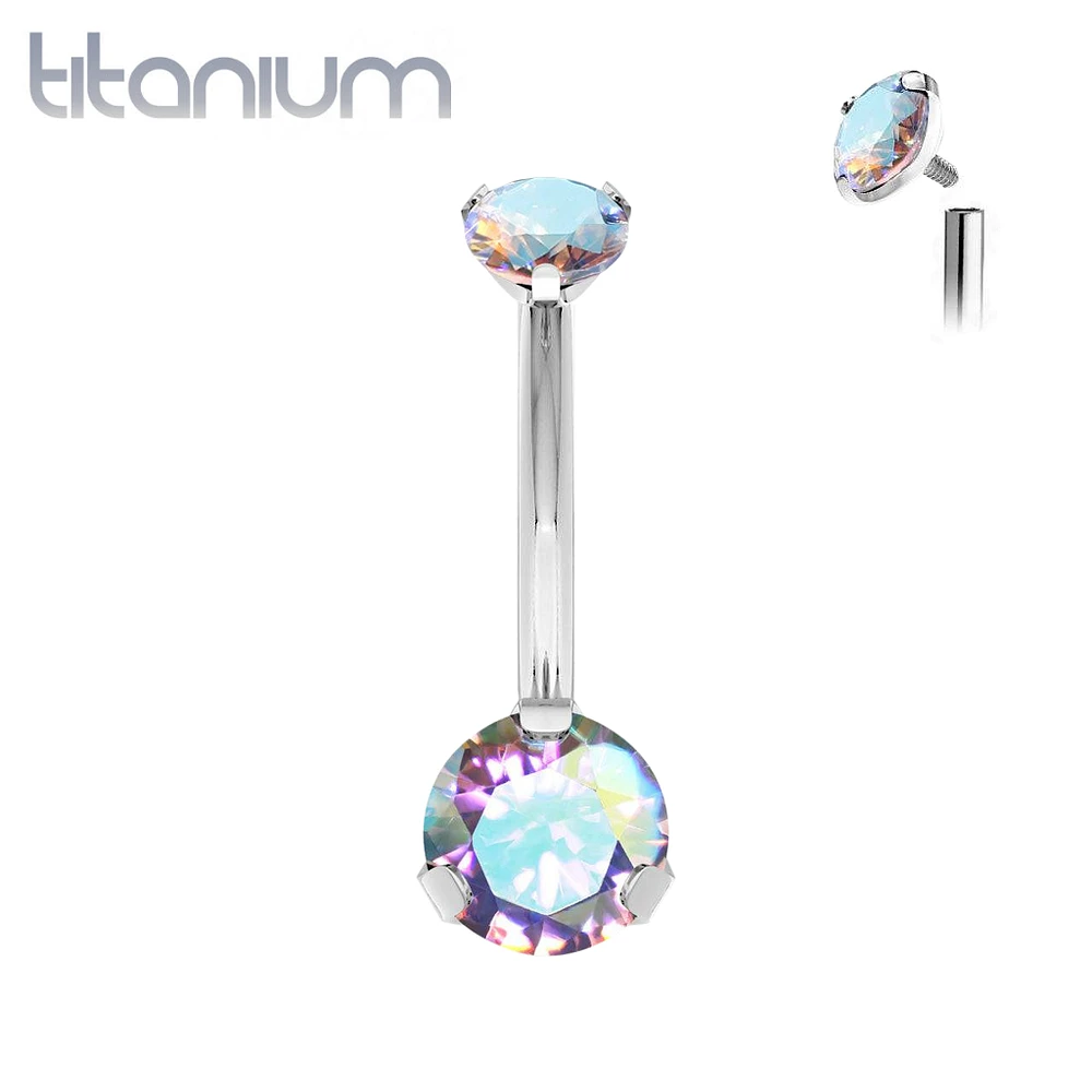 Implant Grade Titanium Internally Threaded Small Dainty AB CZ Prong Belly Button Navel Ring