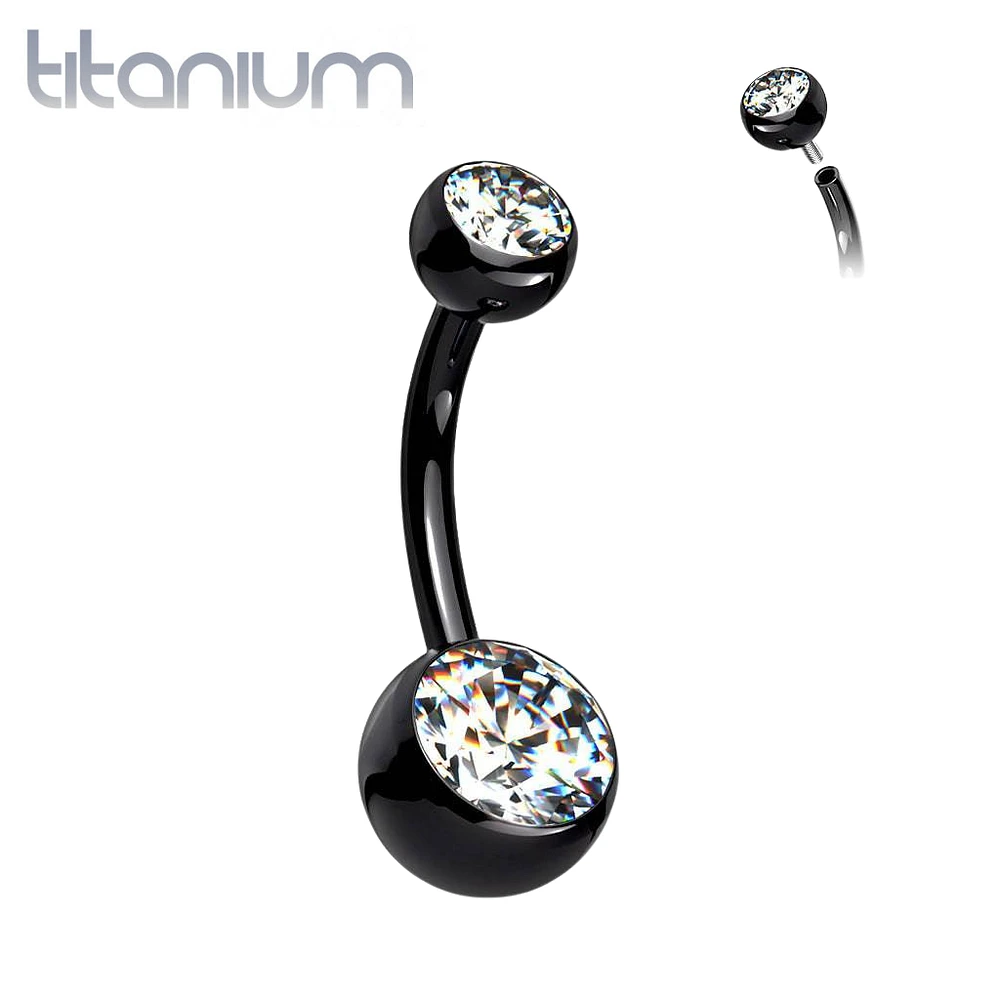 Implant Grade Titanium Black PVD Double Ball White CZ Gem Belly Ring