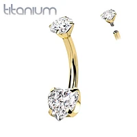 Implant Grade Titanium Gold PVD Internally Threaded White Heart CZ Belly Ring