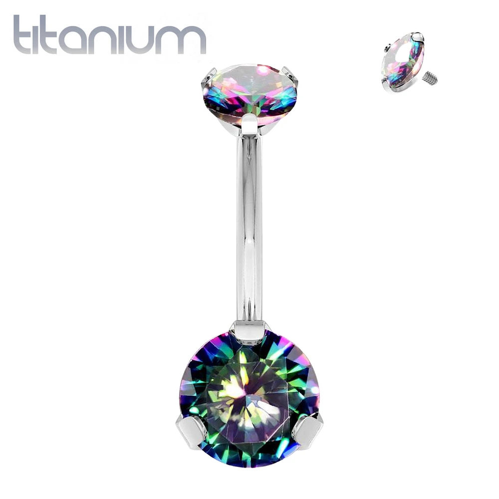 Implant Grade Titanium Internally Threaded Vitrail Medium CZ Prong Belly Button Navel Ring