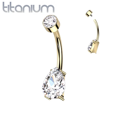 Implant Grade Titanium Dainty Gold PVD White Tear Drop Belly Ring