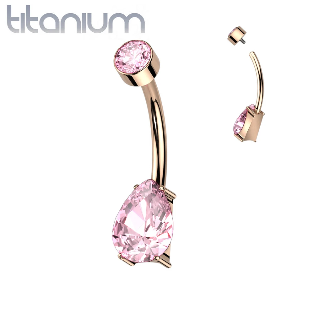 Implant Grade Titanium Dainty Rose Gold PVD Pink Tear Drop Belly Ring