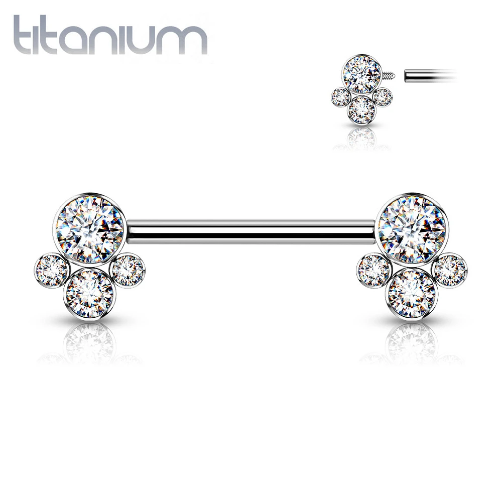 Implant Grade Titanium Internally Threaded CZ Cluster Nipple Ring Straight Barbell