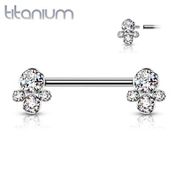 Implant Grade Titanium Internally Threaded CZ Cluster Nipple Ring Straight Barbell