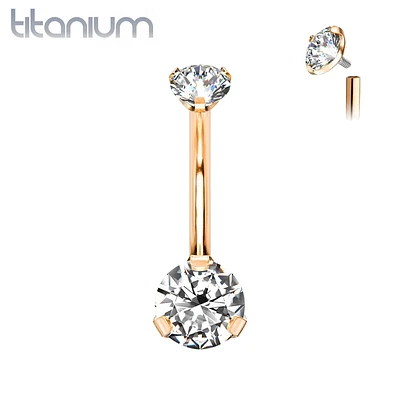 Implant Grade Titanium Rose Gold PVD Internally Threaded Small Dainty White CZ Prong Belly Button Navel Ring