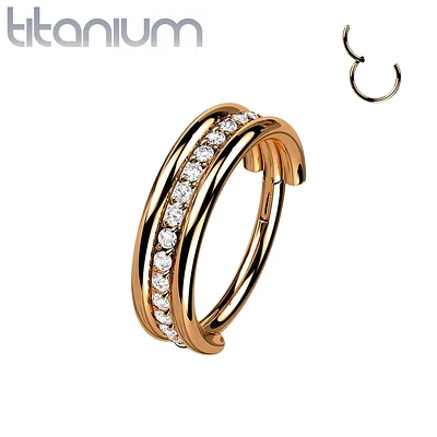 Implant Grade Titanium Rose Gold PVD White CZ Pave Center Hinged Clicker Hoop