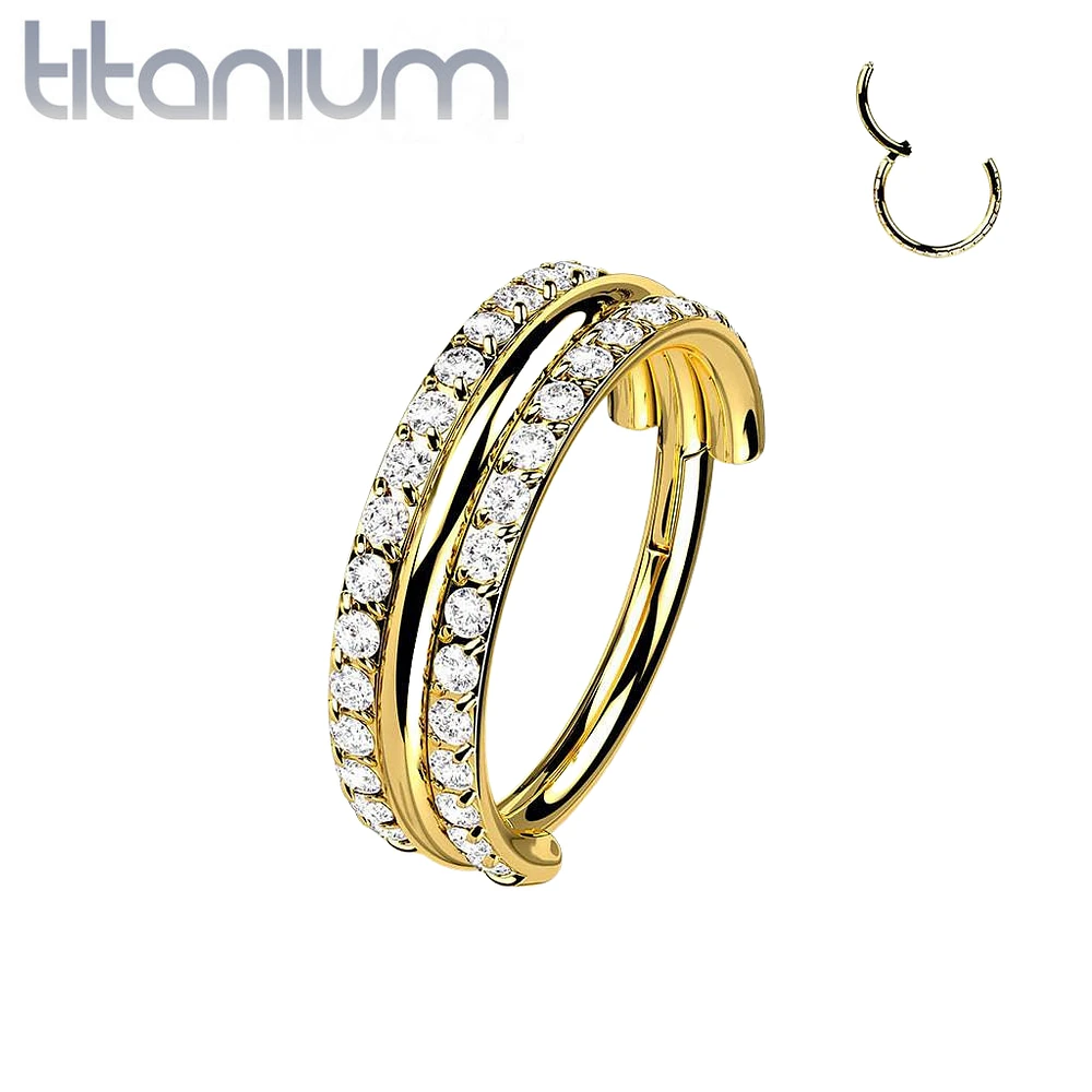 Implant Grade Titanium Gold PVD White CZ Double Line Plain Center Hinged Clicker Hoop