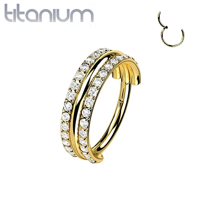 Implant Grade Titanium Gold PVD White CZ Double Line Plain Center Hinged Clicker Hoop