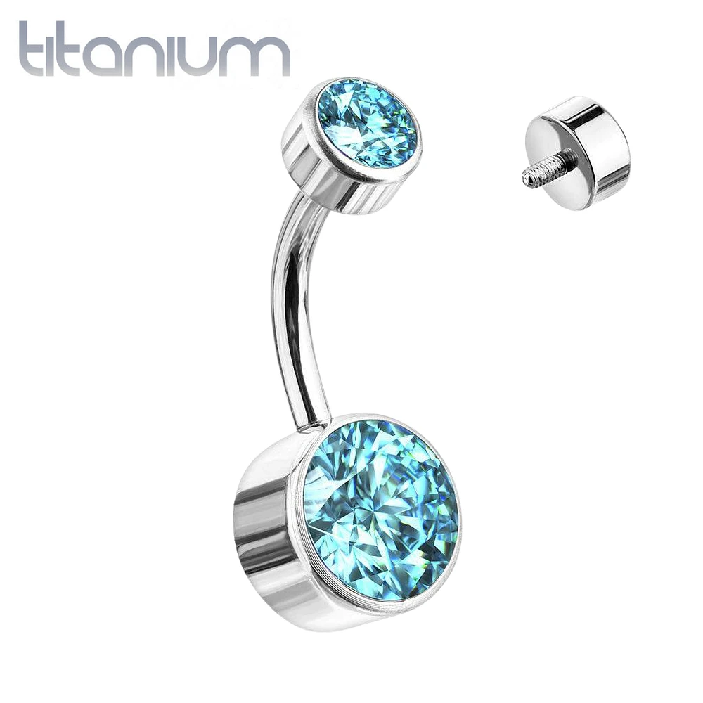 Internally Threaded Grade Titanium Bezel Aqua Gem Belly Ring