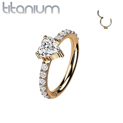 Implant Grade Titanium Rose Gold PVD White CZ With Heart Shaped Center Hinged Clicker Hoop