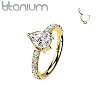 Implant Grade Titanium Gold PVD White CZ With Pear Shaped Center Hinged Clicker Hoop