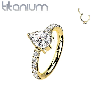 Implant Grade Titanium Gold PVD White CZ With Pear Shaped Center Hinged Clicker Hoop