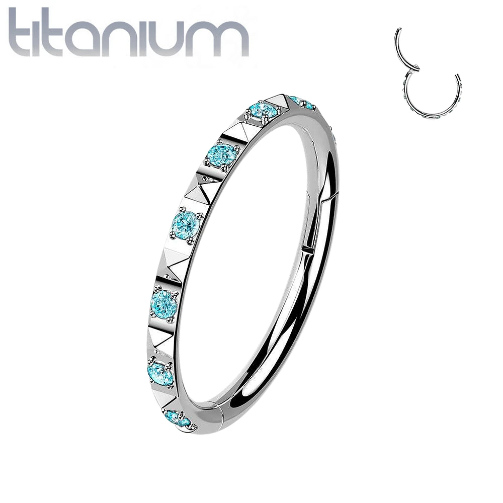 Implant Grade Titanium Ridged With Aqua CZ Gems Hinged Hoop Clicker Ring