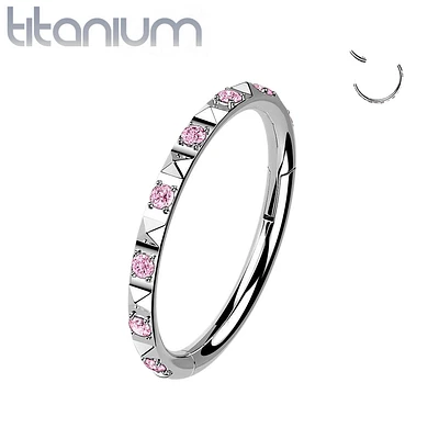 Implant Grade Titanium Ridged With Pink CZ Gems Hinged Hoop Clicker Ring