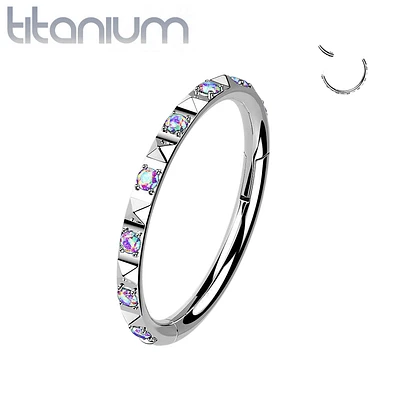 Implant Grade Titanium Ridged With Aurora Borealis CZ Gems Hinged Hoop Clicker Ring