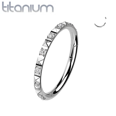 Implant Grade Titanium Ridged With CZ Gems Hinged Hoop Clicker Ring