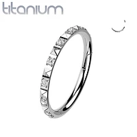 Implant Grade Titanium Ridged With CZ Gems Hinged Hoop Clicker Ring