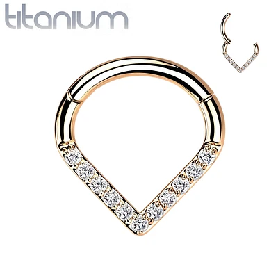 Implant Grade Titanium Rose Gold PVD V Shaped Septum Ring Clicker Hoop White CZ Gems