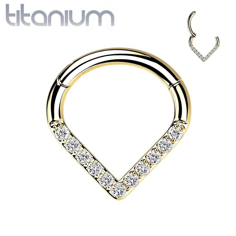 Implant Grade Titanium Gold PVD V Shaped Septum Ring Clicker Hoop White CZ Gems