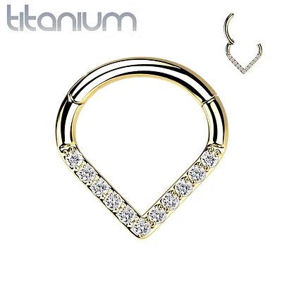 Implant Grade Titanium Gold PVD V Shaped Septum Ring Clicker Hoop White CZ Gems