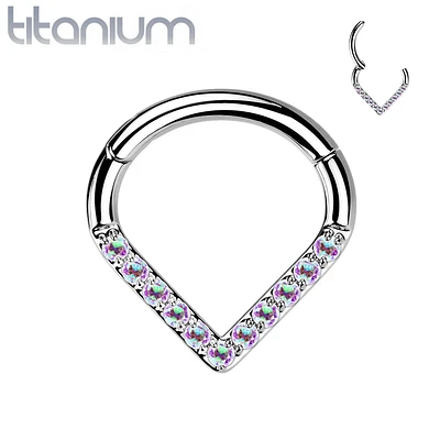Implant Grade Titanium V Shaped Septum Ring Clicker Hoop Aurora Borealis CZ Gems
