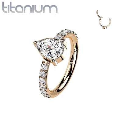 Implant Grade Titanium Rose Gold PVD White CZ With Pear Shaped Center Hinged Clicker Hoop