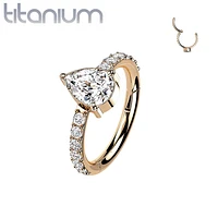 Implant Grade Titanium Rose Gold PVD White CZ With Pear Shaped Center Hinged Clicker Hoop