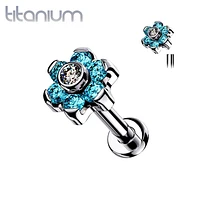 Implant Grade Titanium Internally Threaded Aqua CZ Flower Flat Back