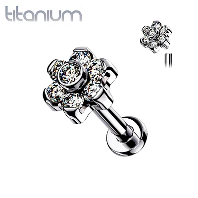 Implant Grade Titanium Internally Threaded White CZ Flower Flat Back