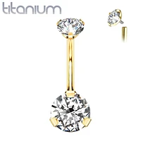 Implant Grade Titanium Internally Threaded Gold PVD White CZ Prong Belly Button Navel Ring