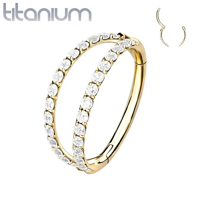 Implant Grade Titanium Gold PVD Pave White CZ Double Hoop Hinged Hoop Ring Clicker