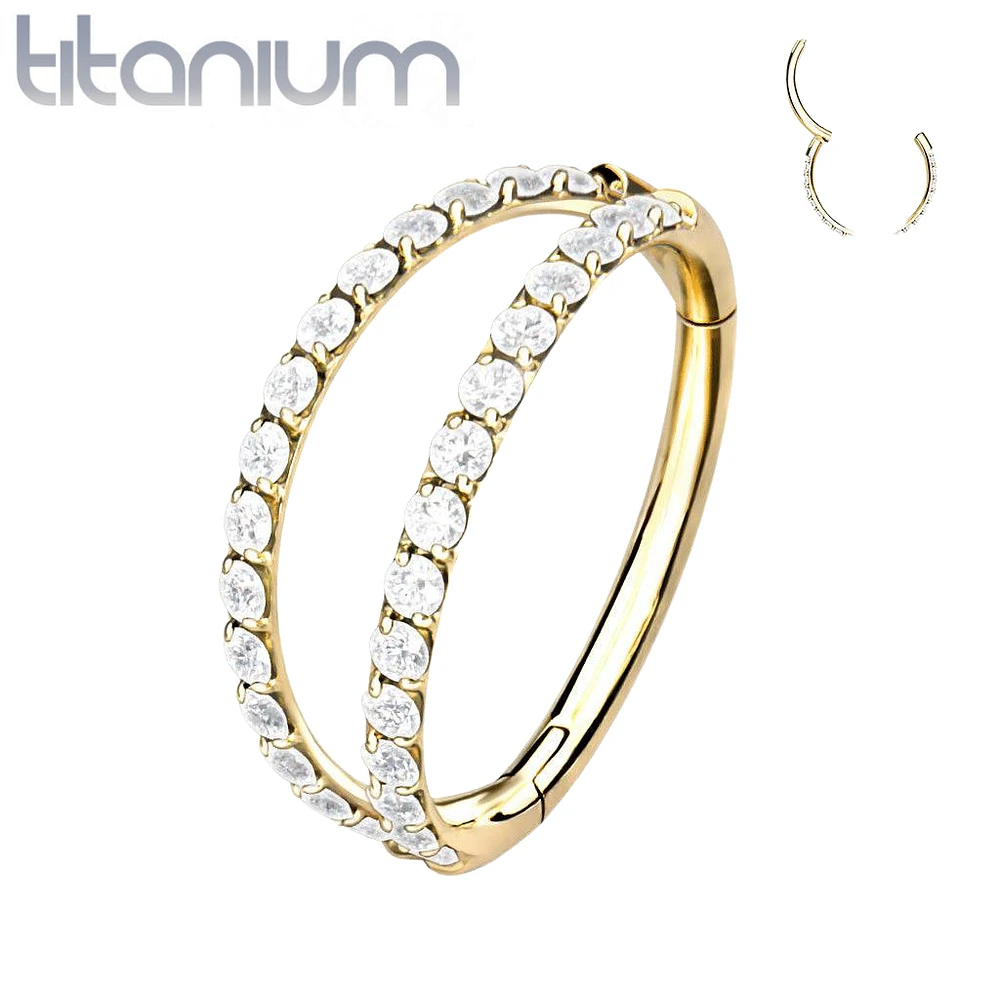 Implant Grade Titanium Gold PVD Pave White CZ Double Hoop Hinged Hoop Ring Clicker