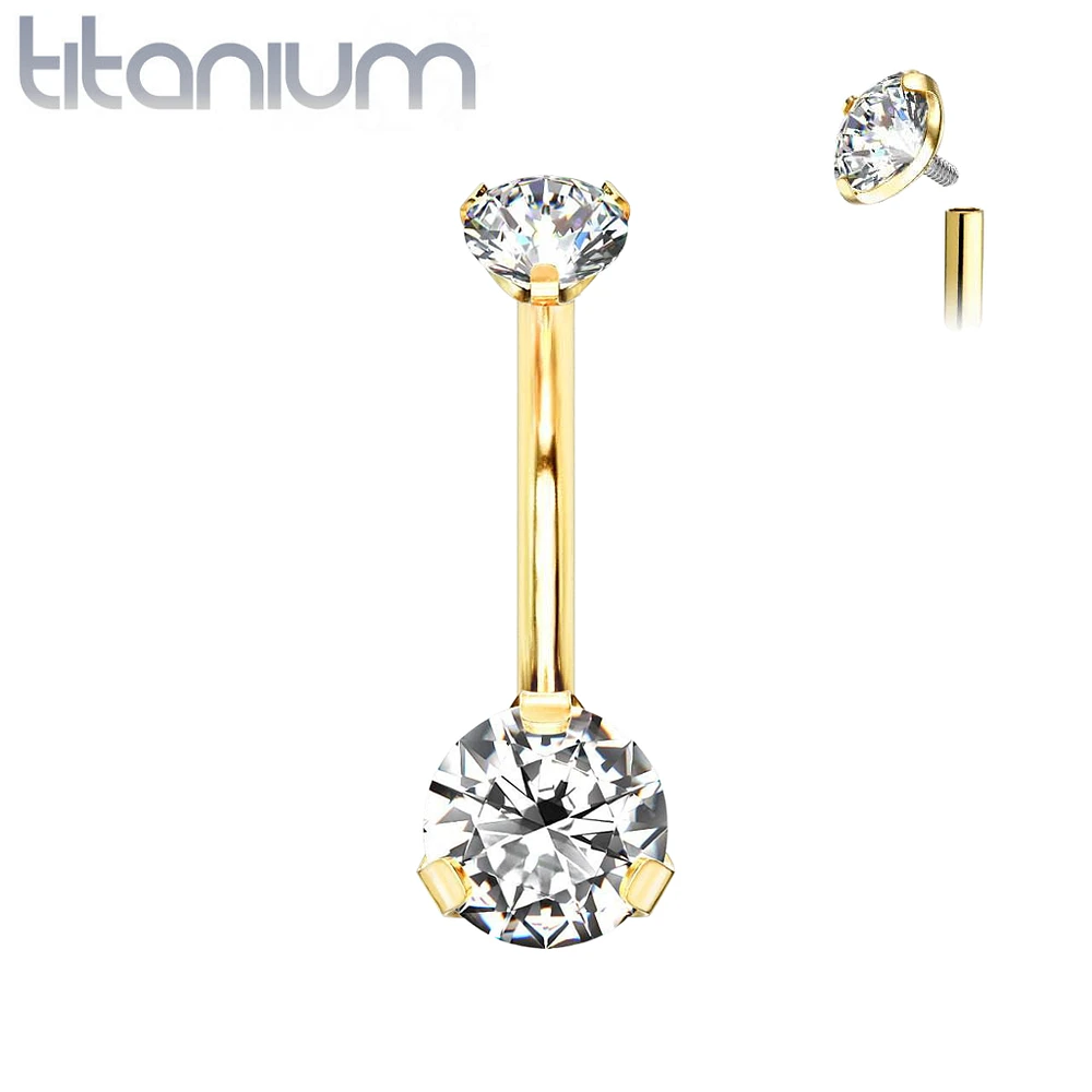 Implant Grade Titanium Gold PVD Internally Threaded Small Dainty White CZ Prong Belly Button Navel Ring