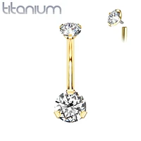 Implant Grade Titanium Gold PVD Internally Threaded Small Dainty White CZ Prong Belly Button Navel Ring