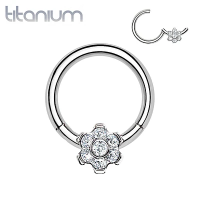 Implant Grade Titanium White CZ Gem Flower Hinged Clicker Hoop