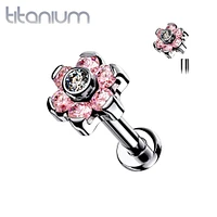 Implant Grade Titanium Internally Threaded Pink CZ Flower Flat Back