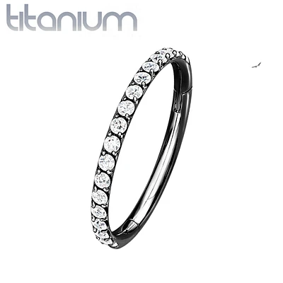 Implant Grade Titanium Black PVD Easy Hinged White CZ Pave Clicker Hoop