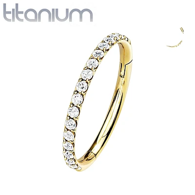 Implant Grade Titanium Gold PVD Easy Hinged White CZ Pave Clicker Hoop