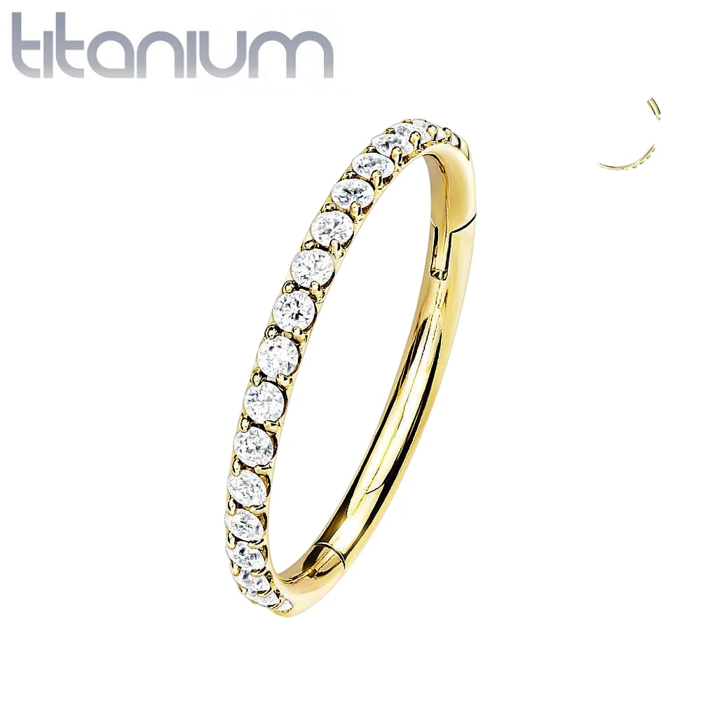 Implant Grade Titanium Gold PVD Easy Hinged White CZ Pave Clicker Hoop