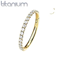 Implant Grade Titanium Gold PVD Easy Hinged White CZ Pave Clicker Hoop