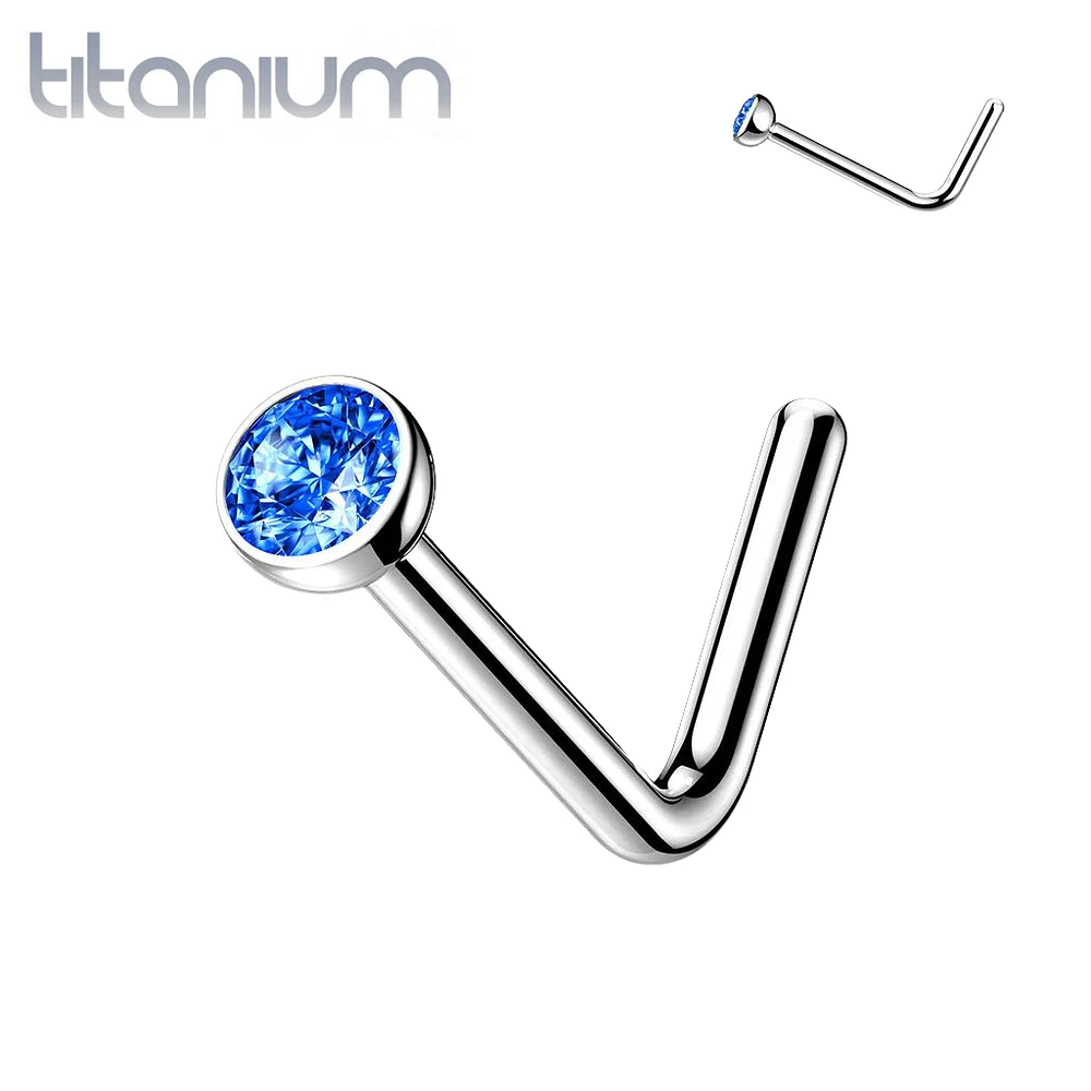 Implant Grade Titanium L-Shape Blue CZ Nose Ring Stud