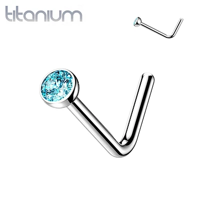 Implant Grade Titanium L-Shape Aqua CZ Nose Ring Stud